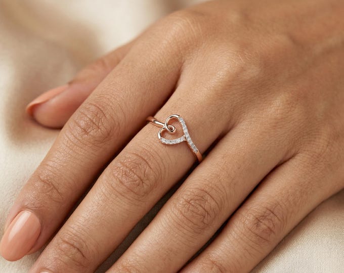 10K 14K 18K Gold and Silver Lab Grown Diamond Heart Infinity Ring for Women, Open Heart Ring, Romantic Minimalist Jewelry Gift