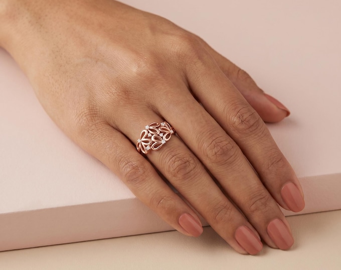 14K Rose Gold Floral Diamond Ring Dainty Openwork Band Minimalist Lab Grown Diamond Ring Gift for Her Everyday Jewelry Elegant