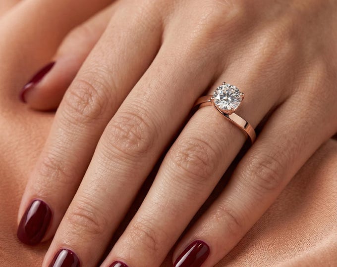 Vintage 1Ct GIA Diamond Engagement Ring, Round Cut Solitaire Ring, Crossover Rose Gold Ring, Lab Grown Diamond Ring, Modern Minimalist Ring