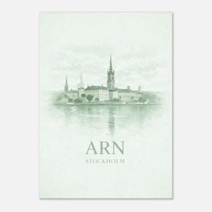 Póster con el código del aeropuerto de Estocolmo (ARN), impresión minimalista del horizonte en acuarela.