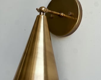Antique Raw Brass Cone Wall Sconce Light | Mid Century Modern Italian Lamp