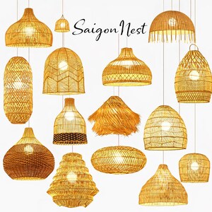 May include: A collection of pendant lights in various shapes and sizes, all crafted from woven natural materials. The lights have a warm, golden hue and are suspended from the ceiling. The text "Saigon Nest" is displayed in the image.