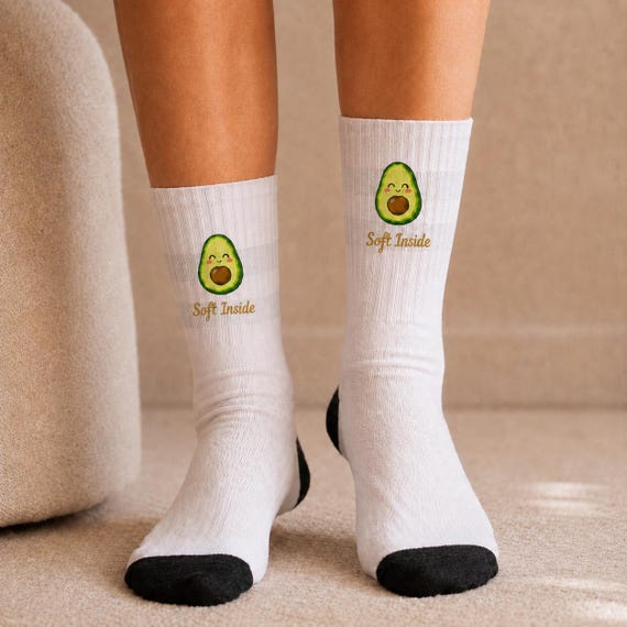 Avocado-Socken, weiß-graue Motivsocken mit schwarzer Ferse