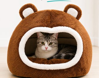 Cute Bear Cat Bed House, Warm Plush Pet Cave Bed for Cats & Small Dogs, Cozy Kitten Tent, Soft Indoor Pet Sleeping Cushion Mat