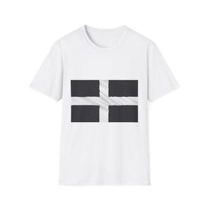 May include: White t-shirt featuring a black and white flag design. The flag has a white cross over a black background. The shirt is made of a soft, comfortable material.