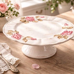 Könnte beinhalten: Weißer Keramik-Kuchenständer mit gewelltem Rand, verziert mit rosa und goldenen Rosenmotiven. Der Ständer steht auf einem Holztisch, mit einem Tortenheber und Blumengesteck im Hintergrund. Ein charmanter Mittelpunkt für Desserts.