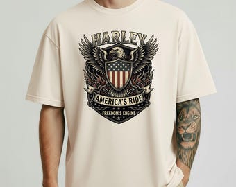 Camiseta gráfica Ride Eagle de Harley America, ropa de motociclista vintage, camiseta patriótica de la libertad.