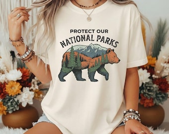 Camiseta con estampado de oso "Protege los Parques Nacionales", camiseta vintage de senderismo de montaña, ropa de naturaleza.