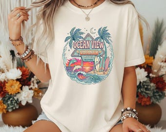 Ocean View Motel Graphic Tee, Retro Beach Vacation Gift for Surf Lover