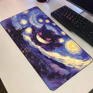 May include: A rectangular mousepad featuring a vibrant, artistic design. The artwork depicts a purple Gengar character against a swirling night sky with yellow stars, reminiscent of Van Gogh's style. A black keyboard is visible in the background.