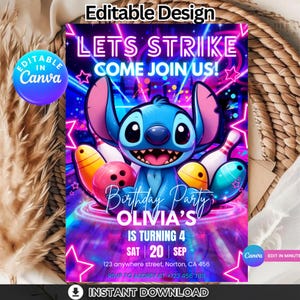 May include: A vibrant birthday party invitation featuring a blue cartoon character with large ears, surrounded by bowling pins and balls. The text reads "LET'S STRIKE, COME JOIN US!" and includes the name "OLIVIA'S" and the date.