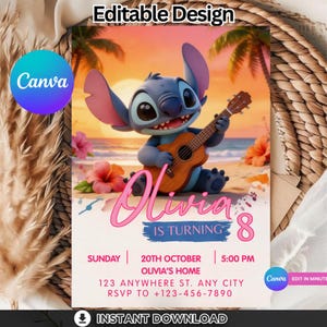 Puede incluir: Invitación digital de cumpleaños con un personaje de dibujos animados tocando el ukelele en una playa. La invitación es para el 8º cumpleaños de Olivia, con detalles del evento, fecha, hora y lugar. El diseño incluye el texto "Editable Design" y "Instant Download".