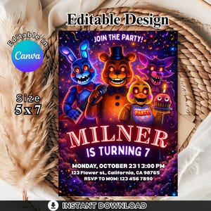 May include: A 5x7 inch invitation with a vibrant design featuring animated characters. The invitation includes the text "MILNER IS TURNING 7" and event details. The design is editable in Canva and available for instant download.