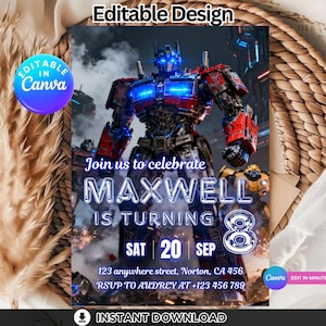 May include: A digital invitation featuring a red, blue, and silver robot character. The invitation reads "Join us to celebrate MAXWELL IS TURNING 8" with date and contact information. The design includes the text "Editable Design" and "Instant Download".