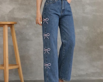Vaqueros anchos con lazo rosa bordado, pantalones vaqueros coquetos Y2K