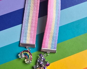 Ribbon Bookmark | Glitter Rainbow Pony Charms | Dopamine Colour Page Marker | Maximalist Bookish Gift