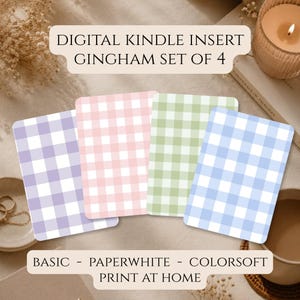 May include: A set of four rectangular digital Kindle inserts featuring a gingham pattern in purple, pink, green, and blue. The text reads: DIGITAL KINDLE INSERT GINGHAM SET OF 4, BASIC - PAPERWHITE - COLORSOFT, PRINT AT HOME.