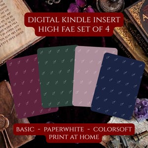 May include: A set of four rectangular digital Kindle inserts in burgundy, dark green, dusty rose, and navy blue, each featuring a repeating white heart and arrow pattern. The text reads: DIGITAL KINDLE INSERT HIGH FAE SET OF 4 and BASIC - PAPERWHITE - COLORSORT PRINT AT HOME.