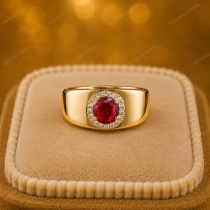 Peut inclure: Une bague en or avec une pierre précieuse rouge ronde au centre, entourée d'un halo de petites pierres blanches. L'anneau est large et poli, avec une finition en or massif lisse qui contraste avec le sertissage circulaire étincelant au centre.