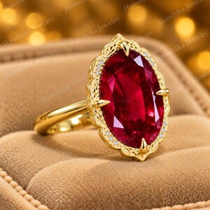 K&ouml;nnte beinhalten: Ein Goldring mit einem gro&szlig;en, oval geschliffenen, tiefroten Edelstein, der in einen dekorativen, gewellten Goldrahmen gefasst ist. Der Rahmen ist an den R&auml;ndern mit kleinen, klaren, funkelnden Steinen besetzt und hat eine glatte Goldschiene.