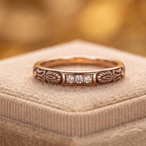 intage Floral moissanite Band Ring, Rose Gold Wedding Band, Engraved Leaf Ring, Minimalist Stacking Ring, Antique Style Promise Ring