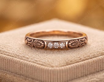 intage Floral Moissanit Bandring, Rose Gold Ehering, Gravierte Blatt Ring, Minimalistische Stapelring, antike Stil Versprechen Ring