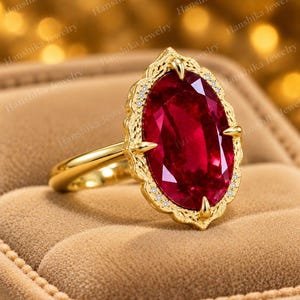 K&ouml;nnte beinhalten: Ein Goldring mit einem gro&szlig;en, oval geschliffenen, tiefroten Edelstein, der in einen dekorativen, gewellten Goldrahmen gefasst ist. Der Rahmen ist an den R&auml;ndern mit kleinen, klaren, funkelnden Steinen besetzt und hat eine glatte Goldschiene.