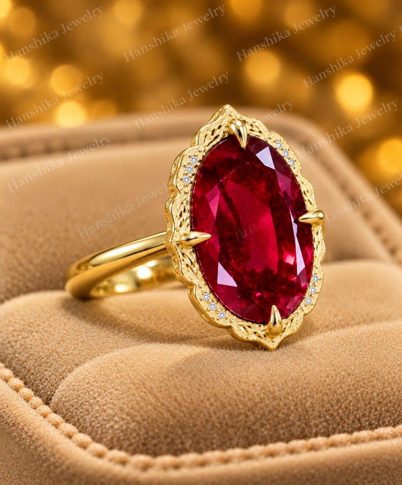 K&ouml;nnte beinhalten: Ein Goldring mit einem gro&szlig;en, oval geschliffenen, tiefroten Edelstein, der in einen dekorativen, gewellten Goldrahmen gefasst ist. Der Rahmen ist an den R&auml;ndern mit kleinen, klaren, funkelnden Steinen besetzt und hat eine glatte Goldschiene.