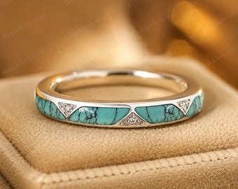 Türkisfarbener Ehering, Ring mit Sterlingsilber-Einlage, minimalistischer Stapelring, Boho-Ehering, handgefertigter Verlobungsring, Jahrestagsgeschenk