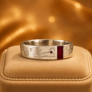 Rubin-Baguette-Ring, 925er Sterlingsilber, Rubinring mit Sternbildgravur, minimalistischer Stapelring, Geschenk für Sie