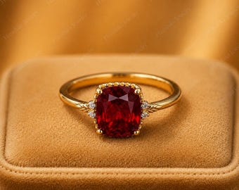 Natürlicher Rubin Kissenschliff Verlobungsring, 14K Gold Rubin Ring, Vintage Rubin Versprechen Ring, Juli Birthstone Ring, Jubiläumsgeschenk für