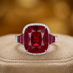 Anillo de rubí talla cojín, plata de ley 925, anillo de compromiso vintage llamativo
