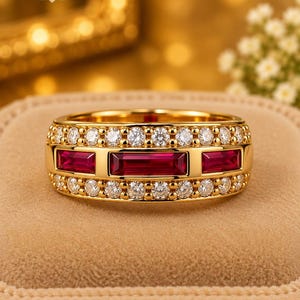Peut inclure: Une bague en or ornée de trois rubis rouges rectangulaires taille baguette disposés horizontalement au centre, entourés de deux rangées de diamants blancs ronds taille brillant sur les bords supérieur et inférieur, avec le texte Hanshika Jewelry.