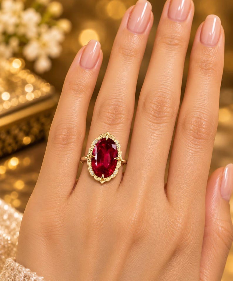 K&ouml;nnte beinhalten: Ein Goldring mit einem gro&szlig;en, oval geschliffenen, tiefroten Edelstein als Herzst&uuml;ck. Der Stein ist von einer dekorativen, gewellten Goldfassung mit feinen Details und kleinen, eingelassenen Akzentsteinen am &auml;u&szlig;eren Rand umgeben.