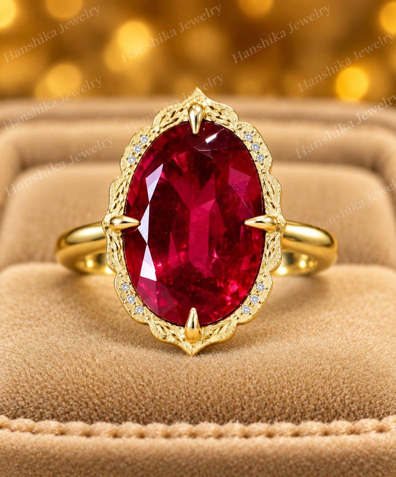 K&ouml;nnte beinhalten: Ein Goldring mit einem gro&szlig;en, oval geschliffenen, tiefroten Edelstein, der von vier Krappen gehalten wird. Die Fassung hat einen verzierten, gravierten Metallrand, der mit winzigen, klaren, runden Steinen besetzt ist. Die Ringschiene ist glatt.