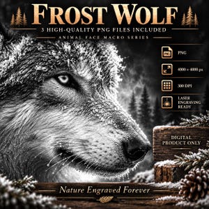 May include: A digital graphic file titled FROST WOLF featuring a detailed black and white wolf face covered in frost. The image includes text specifying 3 high-quality PNG files, 4000 x 4000 px, 300 DPI, laser engraving ready, and digital product only.