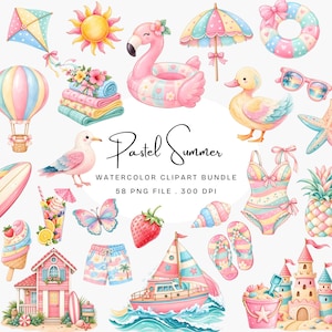 Op de afbeelding: Een verzameling aquarelillustraties met een vlieger, zon, flamingo-zwemband, parasol, zwemring, heteluchtballon, handdoeken, eend, zonnebril, zeester, meeuw, surfplank, drankje, vlinder, aardbei, schelp, badpak, ananas, ijsje, strandhuis, korte broek, zeilboot, slippers en zandkasteel met de tekst Pastel Summer WATERCOLOR CLIPART BUNDLE 58 PNG FILE . 300 DPI.