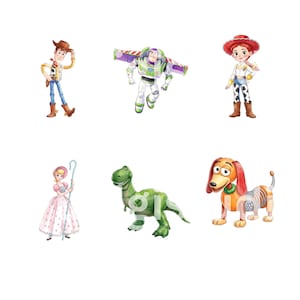 Puede incluir: Una colecci&oacute;n de seis ilustraciones estilo acuarela que muestran a un vaquero, un guardi&aacute;n espacial con alas, una vaquera, una pastora con un bast&oacute;n, un dinosaurio verde y un perro salchicha con cuerpo de resorte, todos en colores vivos.