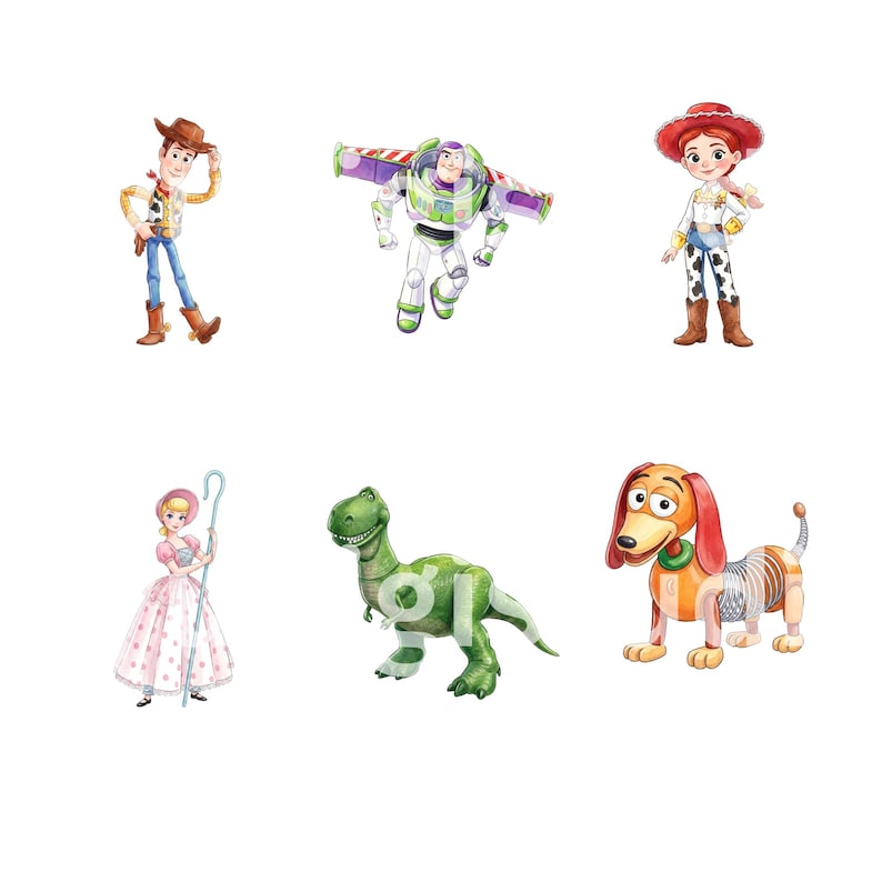 Puede incluir: Una colecci&oacute;n de seis ilustraciones estilo acuarela que muestran a un vaquero, un guardi&aacute;n espacial con alas, una vaquera, una pastora con un bast&oacute;n, un dinosaurio verde y un perro salchicha con cuerpo de resorte, todos en colores vivos.