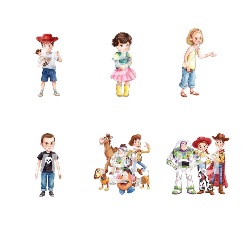 Paquete de imágenes PNG inspiradas en Toy Story, paquete de imágenes prediseñadas PNG de Toy Adventure, imágenes prediseñadas de acuarela de personajes vaqueros y espaciales, gráficos para fiestas de cumpleaños infantiles, imagen 6