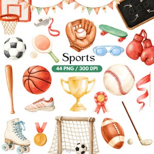 Può includere: Una collezione di attrezzature sportive ad acquerello che include un canestro da basket, un pallone da calcio, un fischietto, un guantone da baseball, uno skateboard, guanti da boxe, occhialini, una mazza, un pallone da basket, un trofeo e una scarpa.