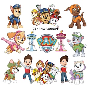 Pacchetto di clipart PNG di cani, cucciolo eroe dei cartoni animati PNG, clipart per feste per bambini, squadra di soccorso canino PNG, clipart di Paw Patrol, download immediato