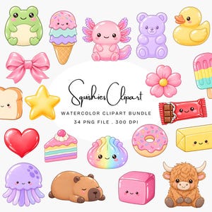 Könnte beinhalten: Eine digitale Sammlung niedlicher Illustrationen mit einem grünen Frosch, Eiscreme, einem rosa Axolotl, einem lila Bären, einer gelben Ente, einer rosa Schleife, einer Blume, einem Eis am Stiel, Brot, einem Stern, einem Schokoriegel, einem Herz, einem Kuchen, einem Teigtäschchen, einem Donut, Butter, einer Qualle, einem Wasserschwein, einem Würfel und einer Kuh.