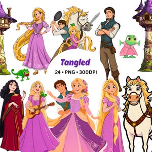 May include: Digital illustrations featuring characters from the animated movie "Tangled." The images include Rapunzel in a pink dress, Flynn Rider, Maximus the horse, Pascal the chameleon, and other characters. The text "Tangled" is displayed in purple.