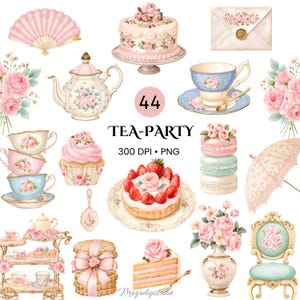 May include: A digital collection of tea party illustrations featuring a pink folding fan, a rose-topped cake, a floral envelope, a teapot, a blue teacup, a cupcake, a strawberry tart, macarons, an umbrella, a vase, and a chair with text 44 TEA-PARTY 300 DPI PNG.