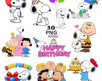 Snoopy Birthday Clipart PNG, Peanuts Cartoon Dog Birthday Graphic, Snoopy Balloon PNG, Kids Party Cake Topper, Printable Sticker