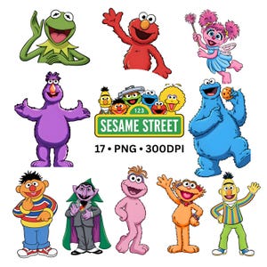 Puede incluir: Ilustraciones coloridas de personajes de Barrio Sésamo, como la Rana Gustavo, Elmo y el Monstruo de las Galletas. También aparece el letrero de Barrio Sésamo, junto con texto que indica que son 17 archivos PNG a 300 DPI.