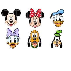 May include: Six cartoon character faces on a white background. Mickey Mouse, Minnie Mouse, Donald Duck, Daisy Duck, Pluto, and Goofy are featured. Mickey has a black face and ears. Minnie has a red bow. Donald has a blue hat. Daisy has a purple bow. Pluto has a green collar. Goofy has a green hat.