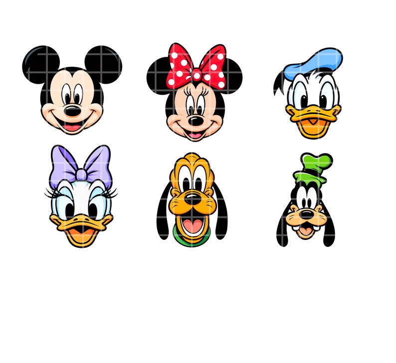 May include: Six cartoon character faces on a white background. Mickey Mouse, Minnie Mouse, Donald Duck, Daisy Duck, Pluto, and Goofy are featured. Mickey has a black face and ears. Minnie has a red bow. Donald has a blue hat. Daisy has a purple bow. Pluto has a green collar. Goofy has a green hat.