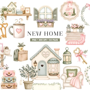 Peut inclure: Une collection numérique d'illustrations à l'aquarelle comprenant une maison, une fenêtre fleurie, un mug avec un cœur, des clés, une boîte aux lettres, une plante, un fauteuil et des valises, avec le texte NEW HOME PNG 300 DPI 44 FILES.